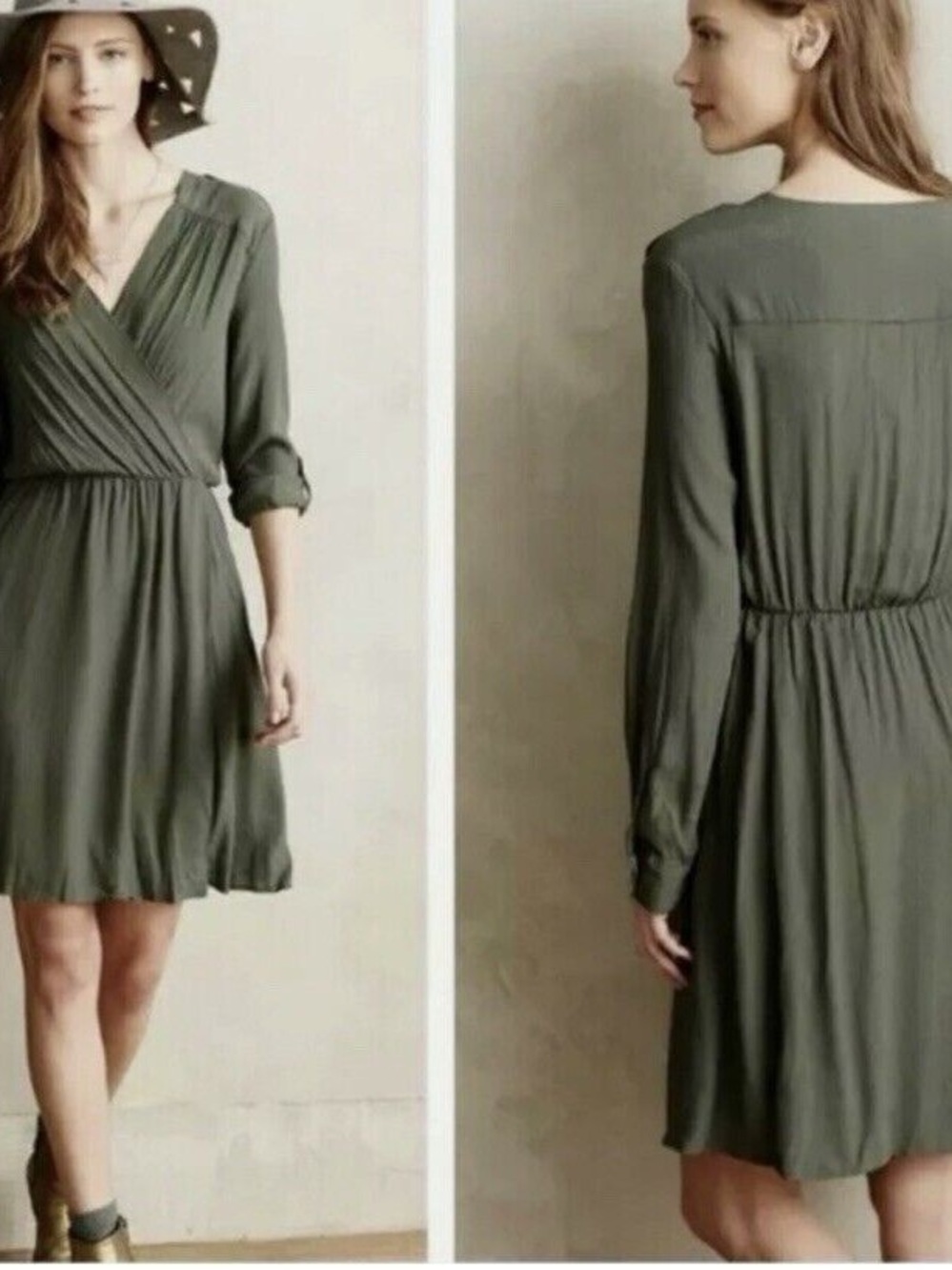 Anthropologie Maeve Olive Green Faux-Wrap Mini Dress